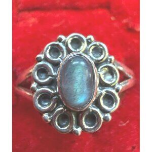 Dainty Vintage Style Labradorite & Sterling Silver 925 Floral Ring Size 10